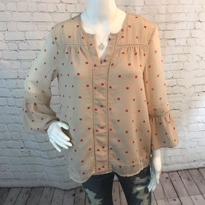 Nude and Polka Dot Blouse with Ruffle Sleeves